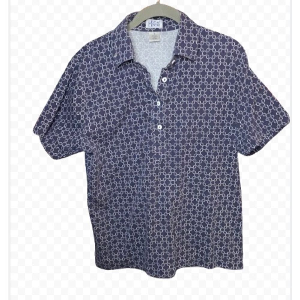 Leon Levin women’s athletic blue geometric, print polo shirt, size med